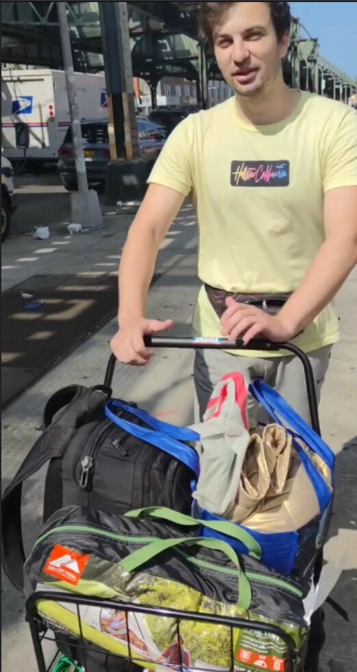The same tent, packed, in the cart.